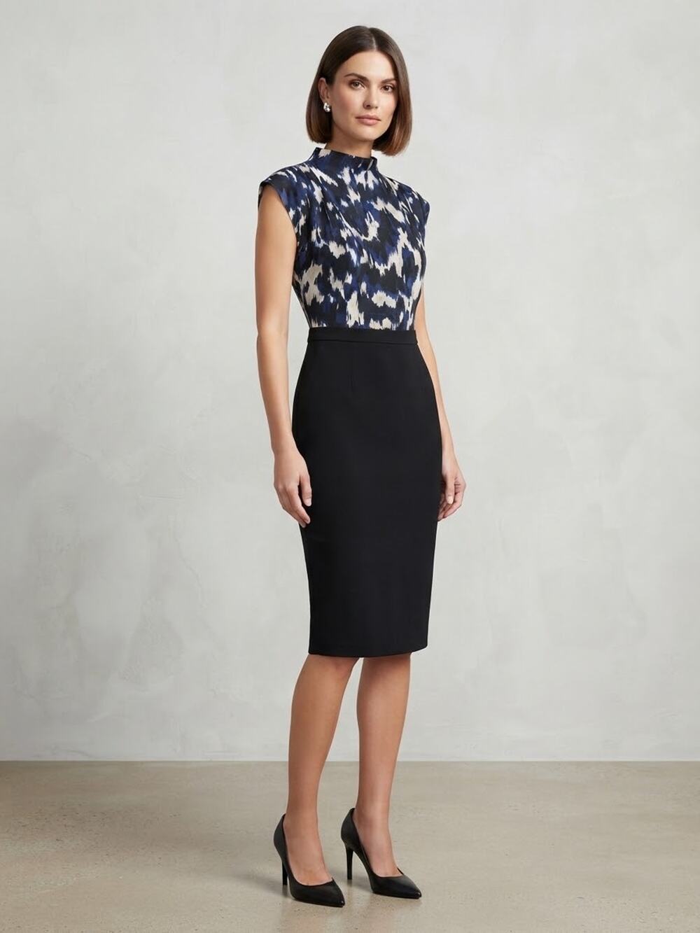 NWT T Tahari Blue Black Abstract Sound Wave Print Mock Neck Dress Size L